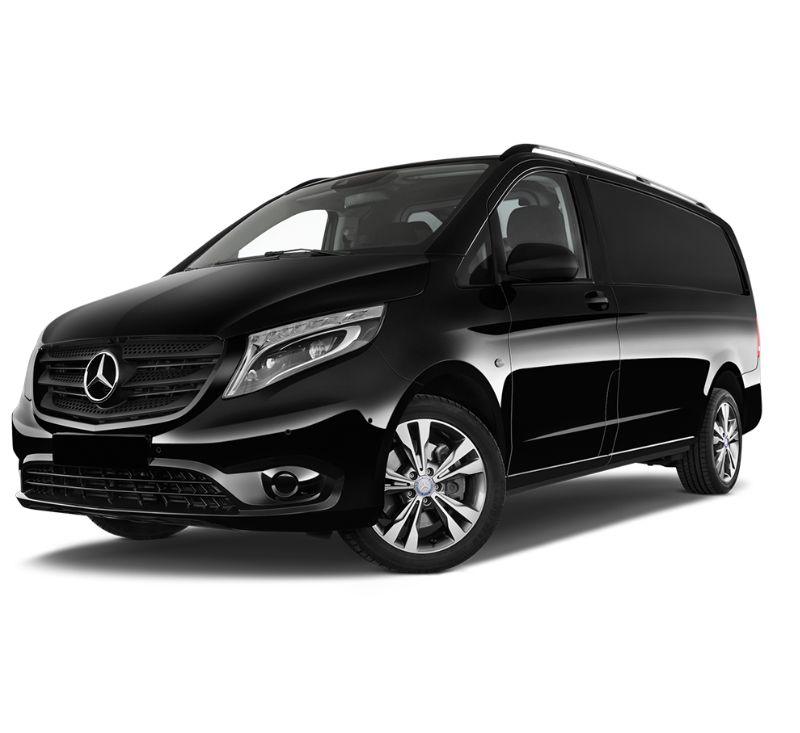 Black Mercedes-Benz Vito van on white. (Mercedes Chauffeur Car Hire)