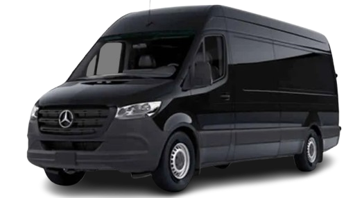 A black Mercedes-Benz Sprinter van.
