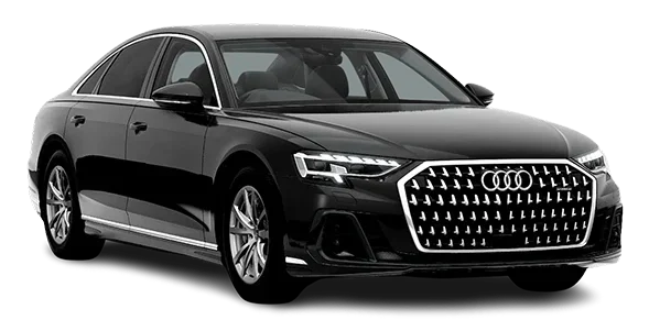 A black Audi A8 luxury sedan.