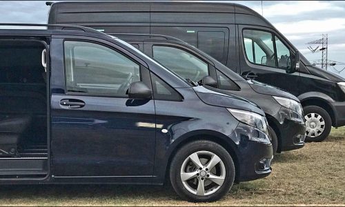 Three dark Mercedes-Benz vans parked. | ichauffeurmelbourne